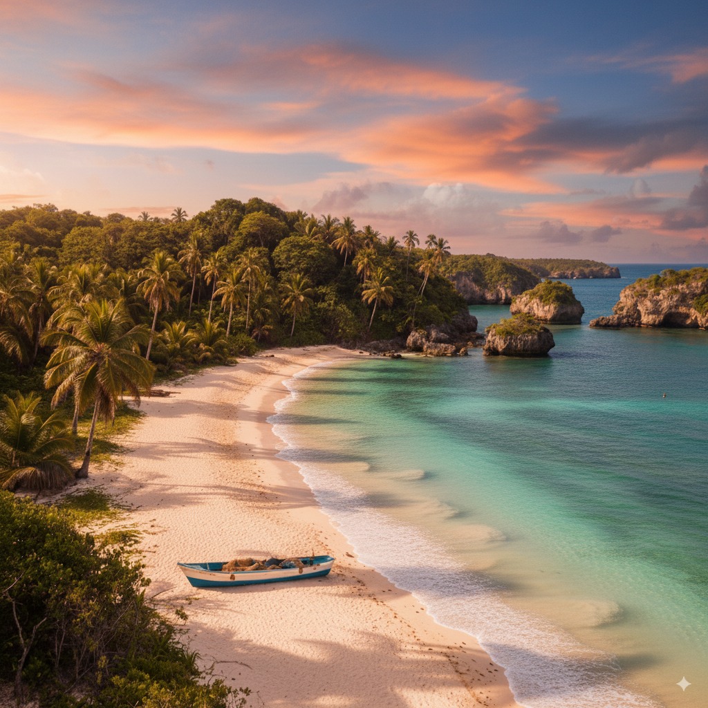 Beautiful Dominican Republic beach at sunset with turquoise waters and palm trees